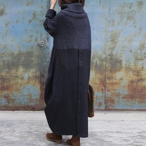 Solid Color Loose Turtleneck Dress Winter Linen Blended Tent Dress