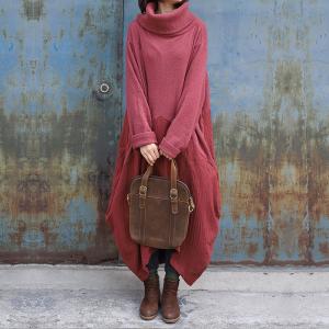 Solid Color Loose Turtleneck Dress Winter Linen Blended Tent Dress