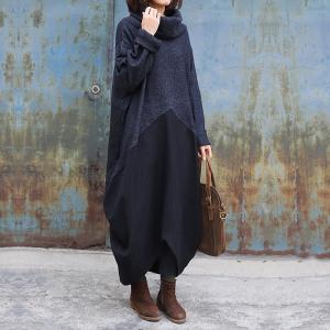 Solid Color Loose Turtleneck Dress Winter Linen Blended Tent Dress