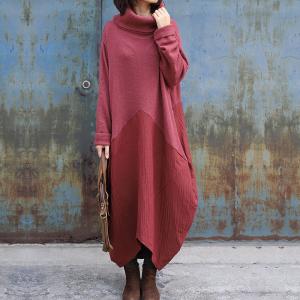 Solid Color Loose Turtleneck Dress Winter Linen Blended Tent Dress