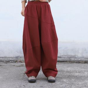 Casual Style Linen Blend Harem Trousers Long Dark Red Hippie Pants for Woman