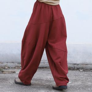 Casual Style Linen Blend Harem Trousers Long Dark Red Hippie Pants for Woman