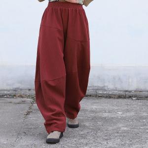 Casual Style Linen Blend Harem Trousers Long Dark Red Hippie Pants for Woman