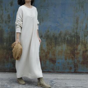 Simple Design Plus Size Sweater Dress Winter Woolen Beige Dress