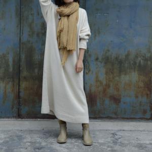 Simple Design Plus Size Sweater Dress Winter Woolen Beige Dress
