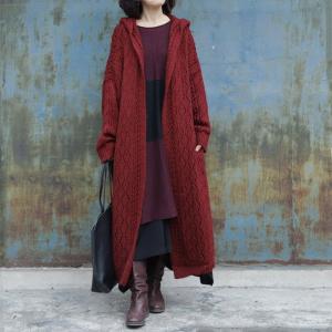 Hollow Out Dark Red Cardigan Long Hoodded Crochet Coat