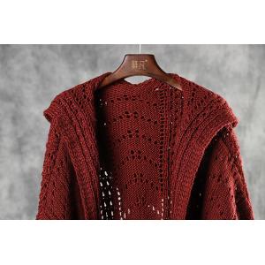 Hollow Out Dark Red Cardigan Long Hoodded Crochet Coat