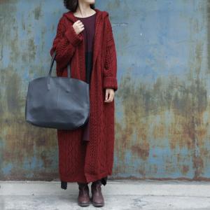 Hollow Out Dark Red Cardigan Long Hoodded Crochet Coat