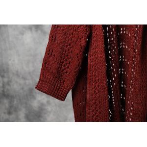 Hollow Out Dark Red Cardigan Long Hoodded Crochet Coat