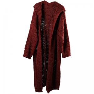 Hollow Out Dark Red Cardigan Long Hoodded Crochet Coat