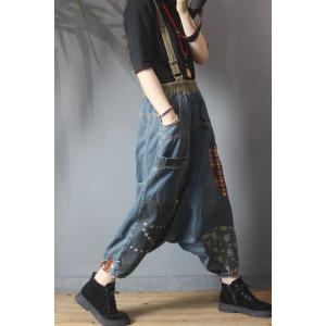 Folk Style Patchwork Vintage Suspender Pants Denim Harem Overalls