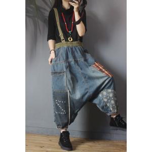 Folk Style Patchwork Vintage Suspender Pants Denim Harem Overalls