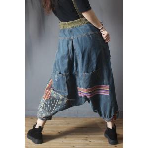 Folk Style Patchwork Vintage Suspender Pants Denim Harem Overalls