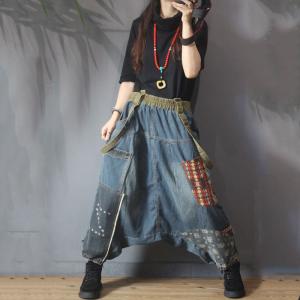 Folk Style Patchwork Vintage Suspender Pants Denim Harem Overalls