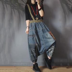 Folk Style Patchwork Vintage Suspender Pants Denim Harem Overalls