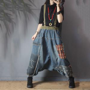 Folk Style Patchwork Vintage Suspender Pants Denim Harem Overalls