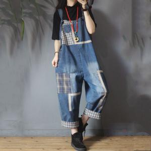 Checkered Patchwork Denim Overalls Color Fading Plus Size Bib Overalls
