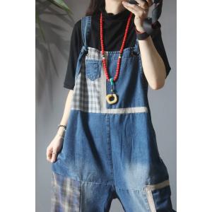 Checkered Patchwork Denim Overalls Color Fading Plus Size Bib Overalls