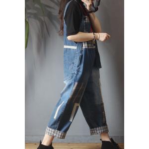 Checkered Patchwork Denim Overalls Color Fading Plus Size Bib Overalls