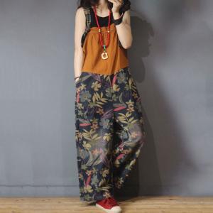 Tropical Printing Wide Leg Overalls Baggy Backless Womens Dungarees