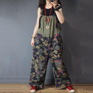 Tropical Printing Wide Leg Overalls Baggy Backless Womens Dungarees