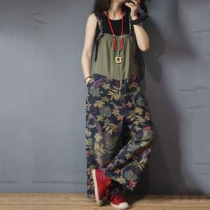 Tropical Printing Wide Leg Overalls Baggy Backless Womens Dungarees