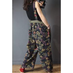 Tropical Printing Wide Leg Overalls Baggy Backless Womens Dungarees