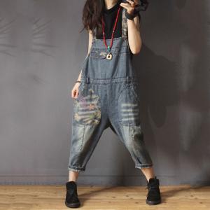 Korean Style Printed Jean Overalls High-Waisted Granny Dungarees