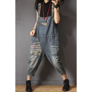 Korean Style Printed Jean Overalls High-Waisted Granny Dungarees