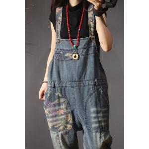 Korean Style Printed Jean Overalls High-Waisted Granny Dungarees