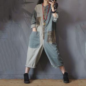 Camouflage Pocket Long Sleeve Denim Jumpsuits Baggy Jean One Piece Pants