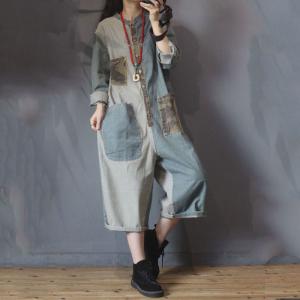 Camouflage Pocket Long Sleeve Denim Jumpsuits Baggy Jean One Piece Pants