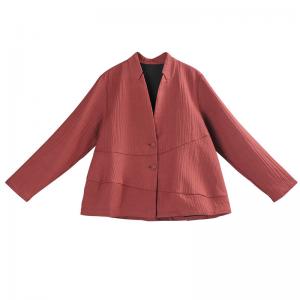 Long Sleeve Pleated Blazers Thick Dark Red Linen Blazers