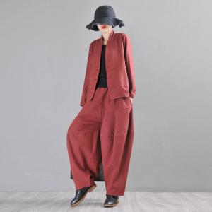 Long Sleeve Pleated Blazers Thick Dark Red Linen Blazers