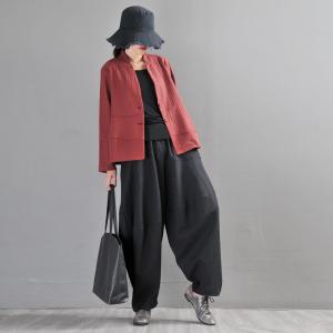 Long Sleeve Pleated Blazers Thick Dark Red Linen Blazers