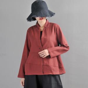 Long Sleeve Pleated Blazers Thick Dark Red Linen Blazers