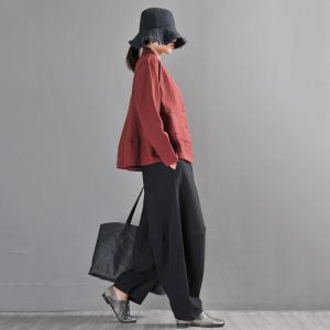 Long Sleeve Pleated Blazers Thick Dark Red Linen Blazers