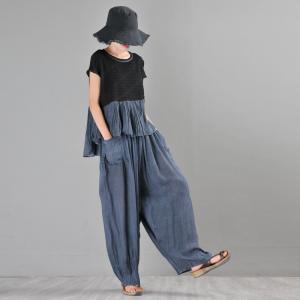 Straight Pocket Blue Pants Comfy Loose Flowy Pants