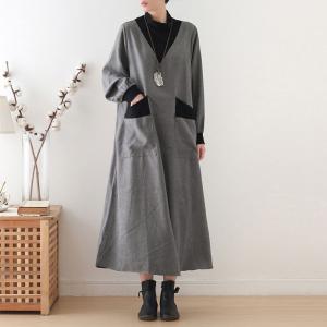 Puff Sleeve Plus Size Winter Dress Turtle Neck Gray Pregnancy Dress