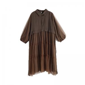 Empire Waist Puff Sleeve Shirt Dress Loose Belted Mesh Dress