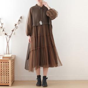 Empire Waist Puff Sleeve Shirt Dress Loose Belted Mesh Dress