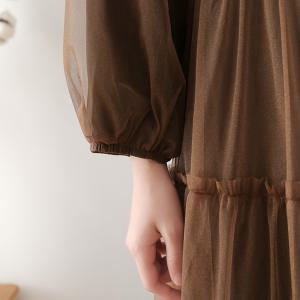 Empire Waist Puff Sleeve Shirt Dress Loose Belted Mesh Dress