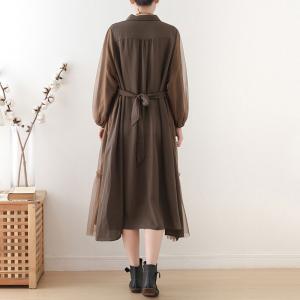 Empire Waist Puff Sleeve Shirt Dress Loose Belted Mesh Dress