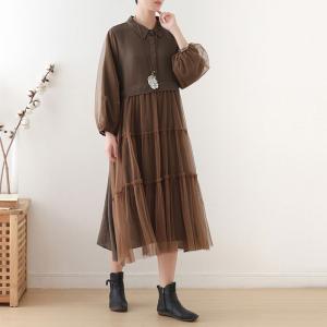 Empire Waist Puff Sleeve Shirt Dress Loose Belted Mesh Dress