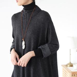 Stand Collar Puffer Large Dress Dark Gray Knitting Dress