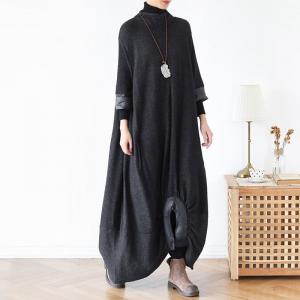 Stand Collar Puffer Large Dress Dark Gray Knitting Dress