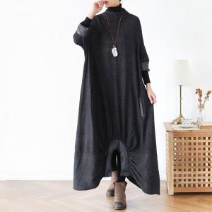 Stand Collar Puffer Large Dress Dark Gray Knitting Dress