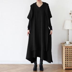 Loose Woolen Sweater Dress Plain Asymmetrical Dress with A Hooded Scarf
