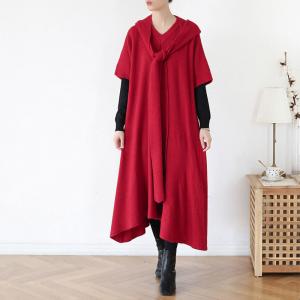 Loose Woolen Sweater Dress Plain Asymmetrical Dress with A Hooded Scarf