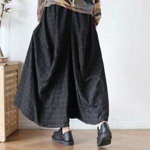 Loose Linen Wide Leg Pants Elastic Waist Plaids Asymmetrical Trousers